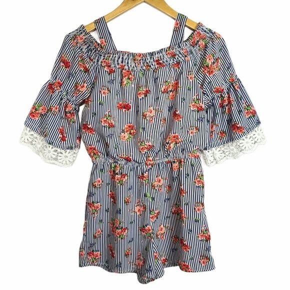 My Michelle Blue and White Striped Floral Romper - Picture 1 of 13